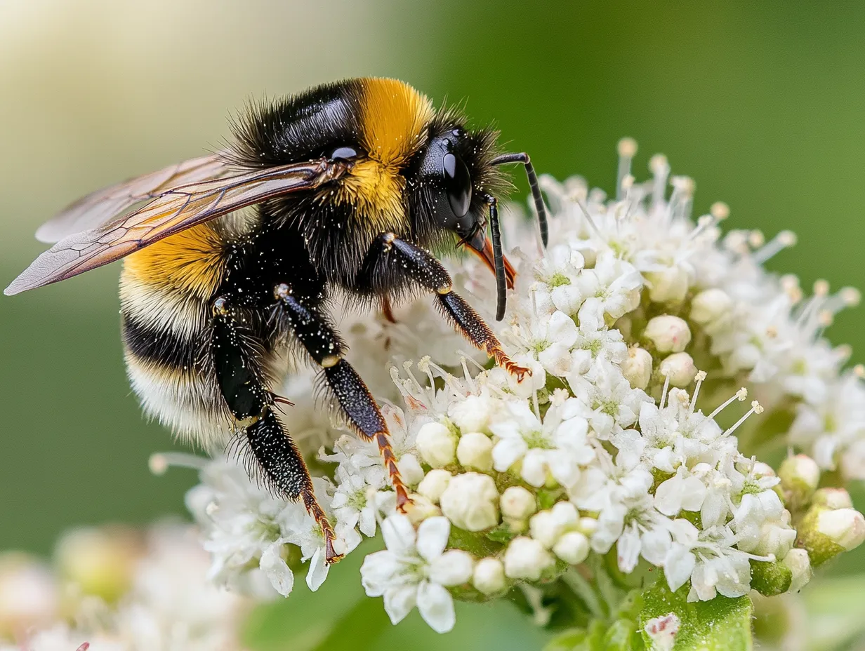 Eine Hummel sitzt auf einer weißen Blüte. Das Bild zeigt die Hummel in extremer Nahaufnahme mit sichtbaren Haaren, Flügelstrukturen und Blütenstaub. Der Hintergrund ist weich und grün verschwommen.