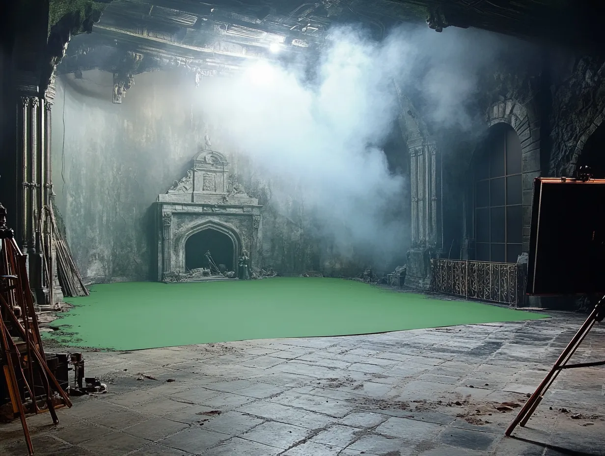 Ein Filmset mit steinernem Kamin, Säulen und einem grünen Bodenbelag. Nebel zieht durch den Raum. Kameratechnik und Requisiten stehen am Rand.