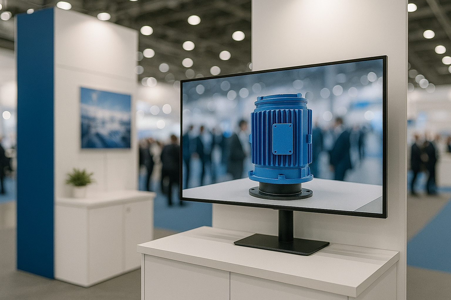 Ein Messestand mit weiß-blauen Wänden zeigt einen großen Bildschirm auf einem Tresen. Auf dem Monitor läuft ein Film, in dem ein blaues technisches Gerät in Nahaufnahme zu sehen ist. Im Hintergrund erkennt man verschwommen viele Menschen auf der Messe.