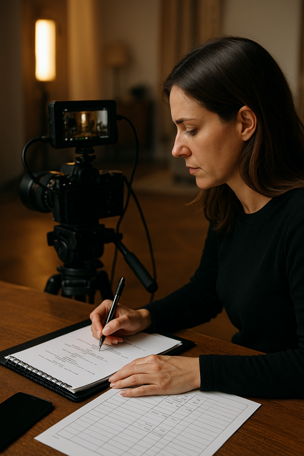 Script Supervisor am Filmset beim Überprüfen des Drehbuchs und Notieren von Szenenangaben, mit Kamera und Technik im Hintergrund.
