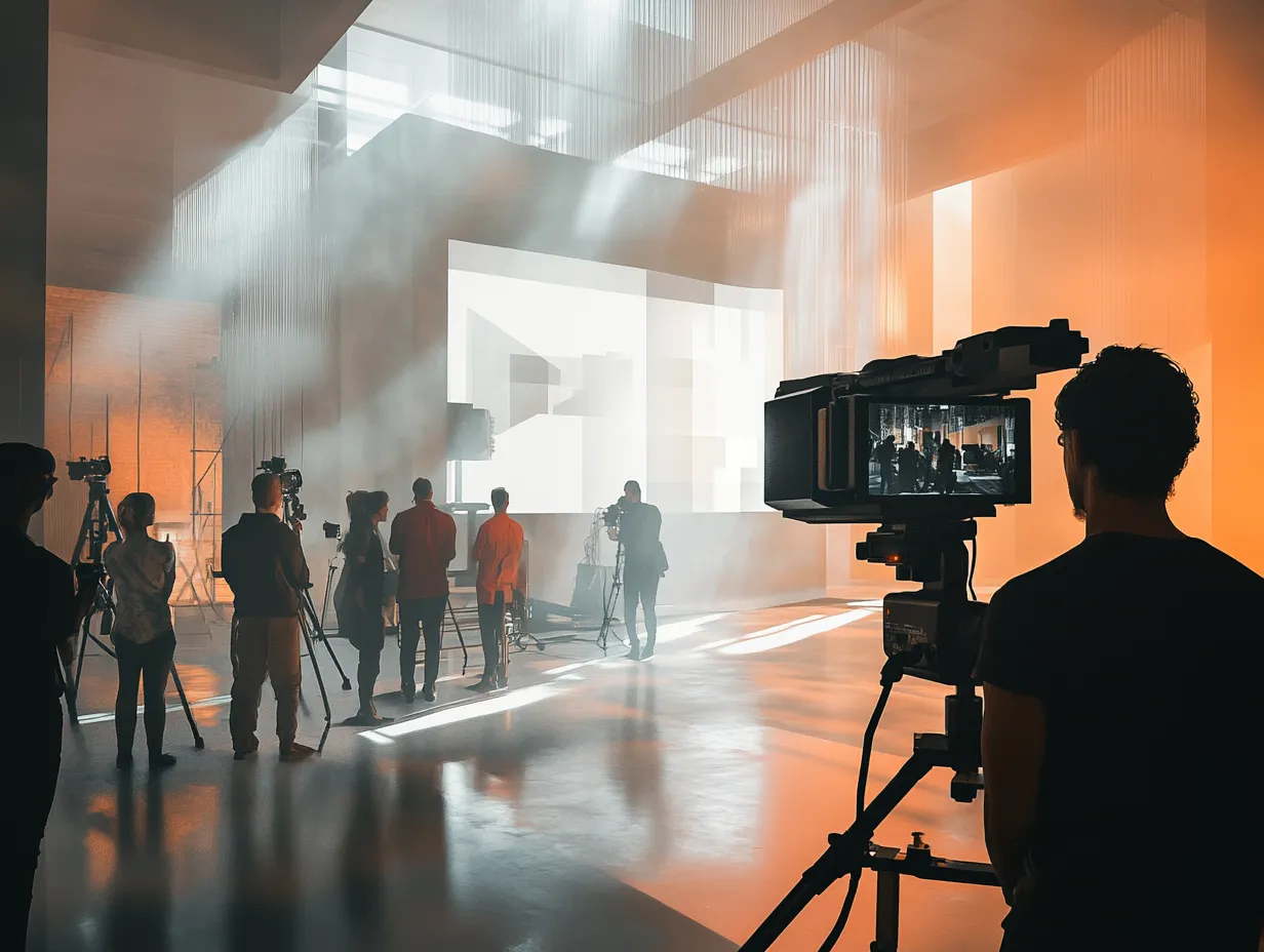 Das Bild zeigt eine Filmszene in einem großen, lichtdurchfluteten Studio mit mehreren Personen, die an einer Produktion arbeiten. Im Vordergrund ist eine Kamera auf einem Stativ sichtbar, während im Hintergrund das Team und Beleuchtungselemente in einem atmosphärischen Licht zu erkennen sind.