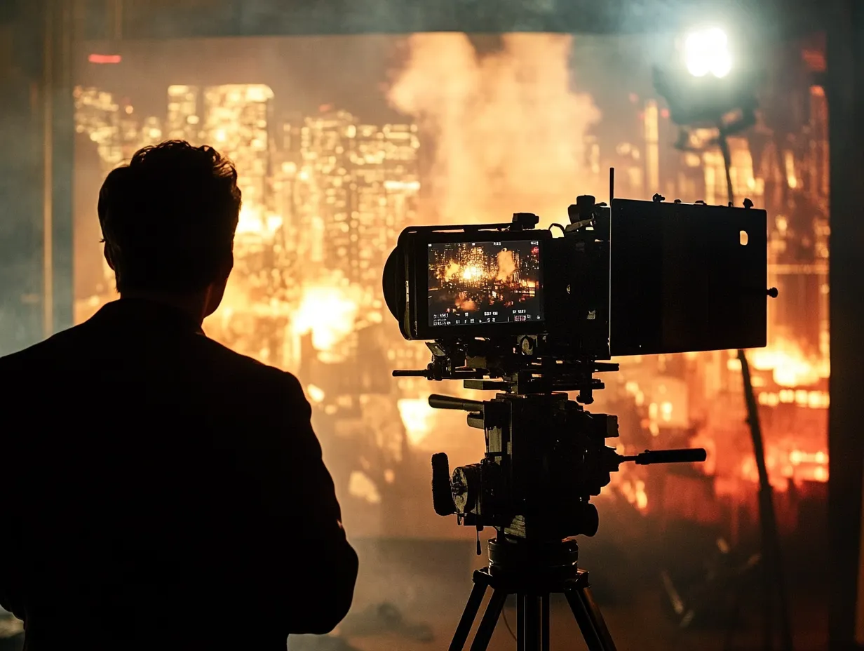 Ein Mann steht in einem dunklen Studio vor einer Filmkamera, die auf ein beleuchtetes Szenenbild einer brennenden Stadtlandschaft gerichtet ist. Im Hintergrund sind Lichteffekte und Rauch zu sehen, die eine dramatische Atmosphäre erzeugen.