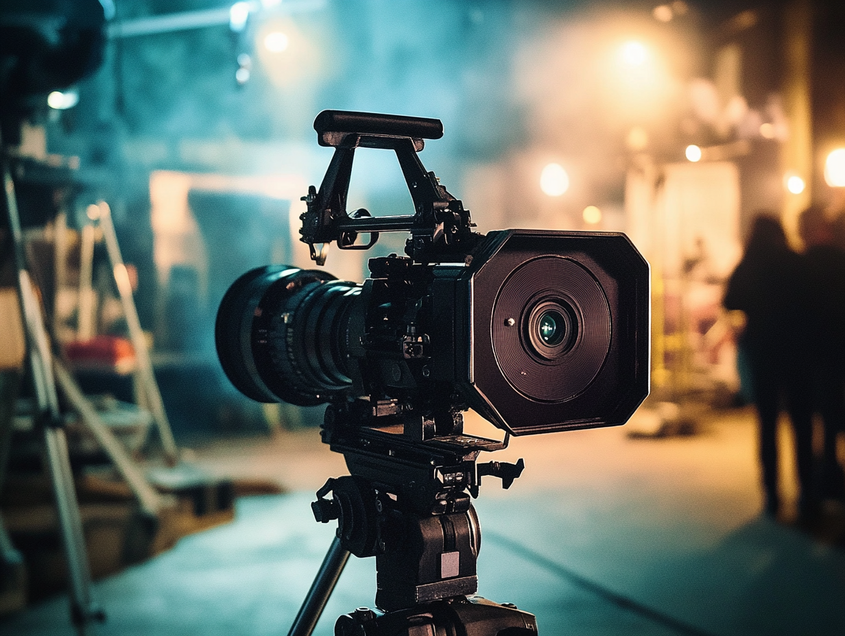Das Bild zeigt eine professionelle Filmkamera mit großem Objektiv und rechteckiger Sonnenblende, montiert auf einem stabilen Stativ. Die Kamera wirkt modern und bereit für eine Filmproduktion.