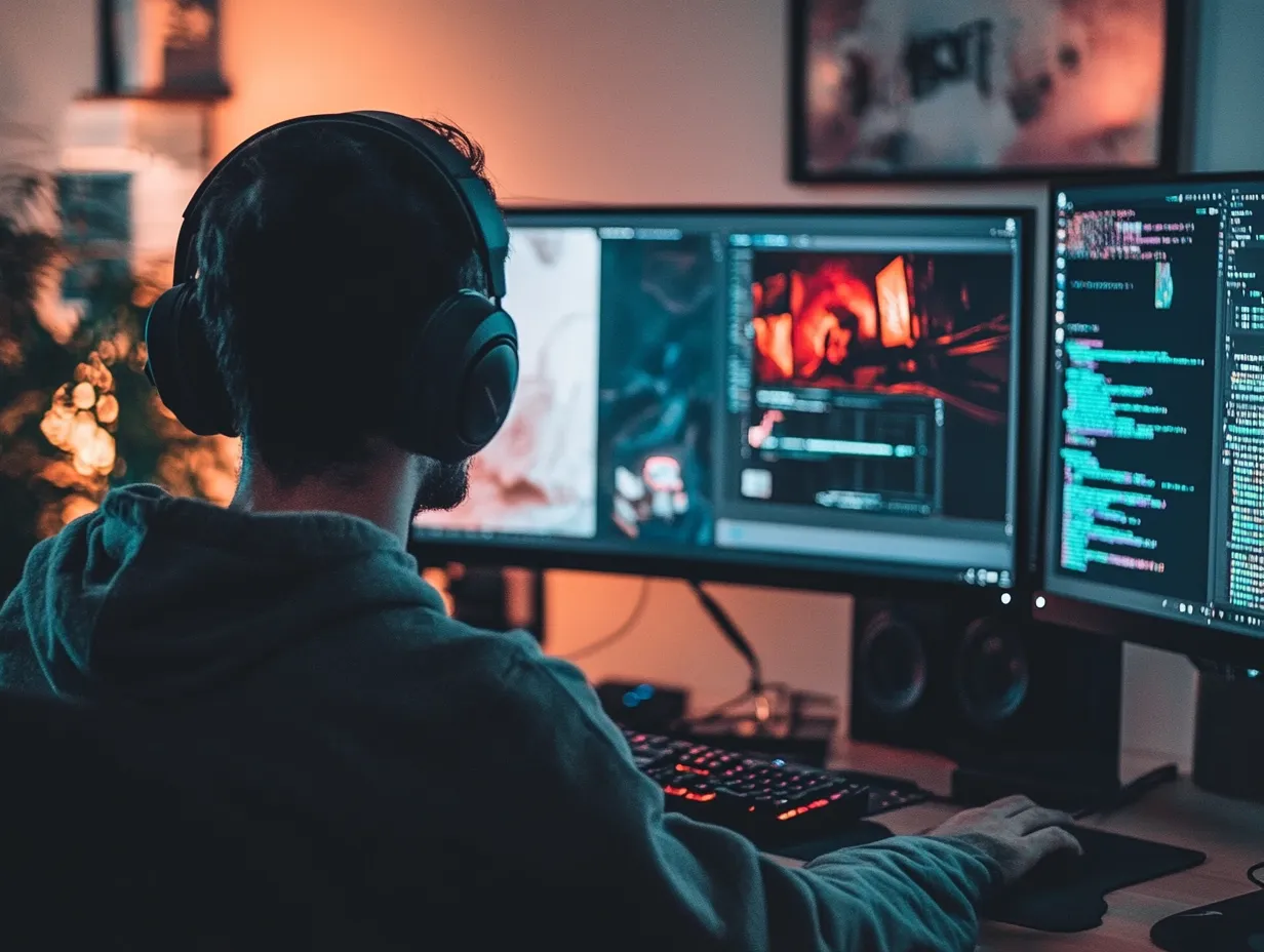 Eine Person sitzt vor mehreren Computermonitoren, auf denen Farbkorrekturen und Grading-Tools angezeigt werden. Sie trägt Kopfhörer und arbeitet konzentriert an der Feinabstimmung der Farben in einem Video, während sanftes Licht den Raum erleuchtet.