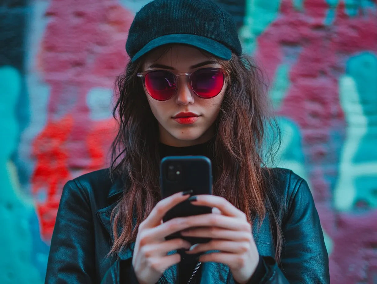 Das Bild zeigt eine junge Influencerin mit einer schwarzen Kappe, pinken Sonnenbrillen und einer schwarzen Lederjacke, die konzentriert auf ihr Smartphone blickt. Im Hintergrund ist eine bunte, verschwommene Wand zu sehen, die eine urbane und kreative Atmosphäre vermittelt.
