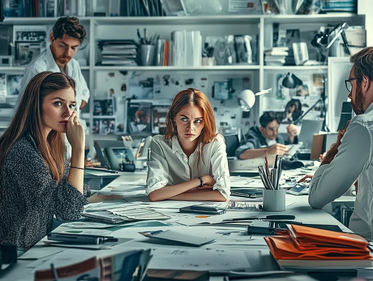 Das Bild zeigt ein modernes Büro mit mehreren Personen, die konzentriert an einem großen, mit Unterlagen und Büromaterialien bedeckten Tisch arbeiten. Im Vordergrund sitzen zwei Frauen, die ernst wirken, während im Hintergrund weitere Personen beschäftigt sind.