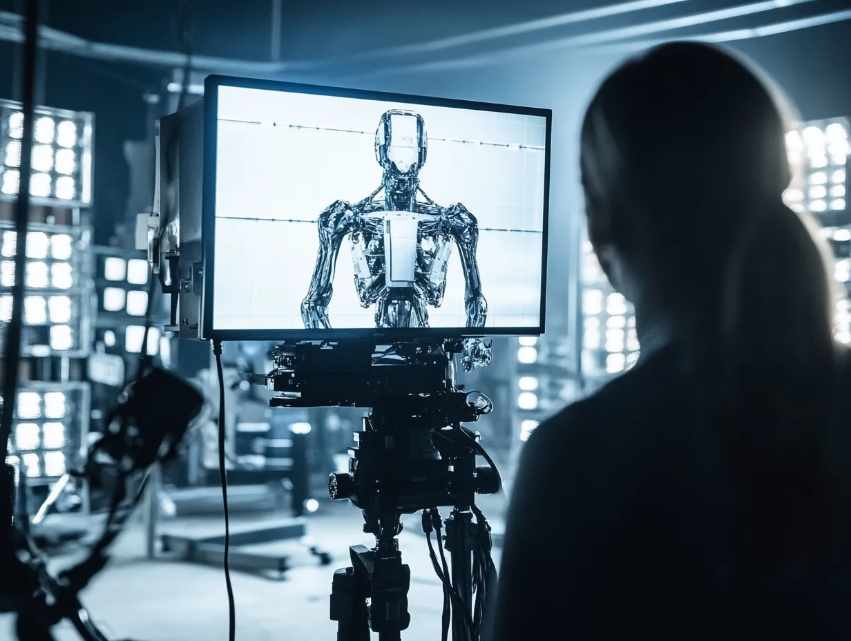 Eine Person steht vor einer Kamera und betrachtet einen Monitor, auf dem ein futuristischer, durchsichtige humanoide Roboter zu sehen ist. Im Hintergrund sind zahlreiche Lichtquellen sichtbar, die eine dramatische Atmosphäre erzeugen.