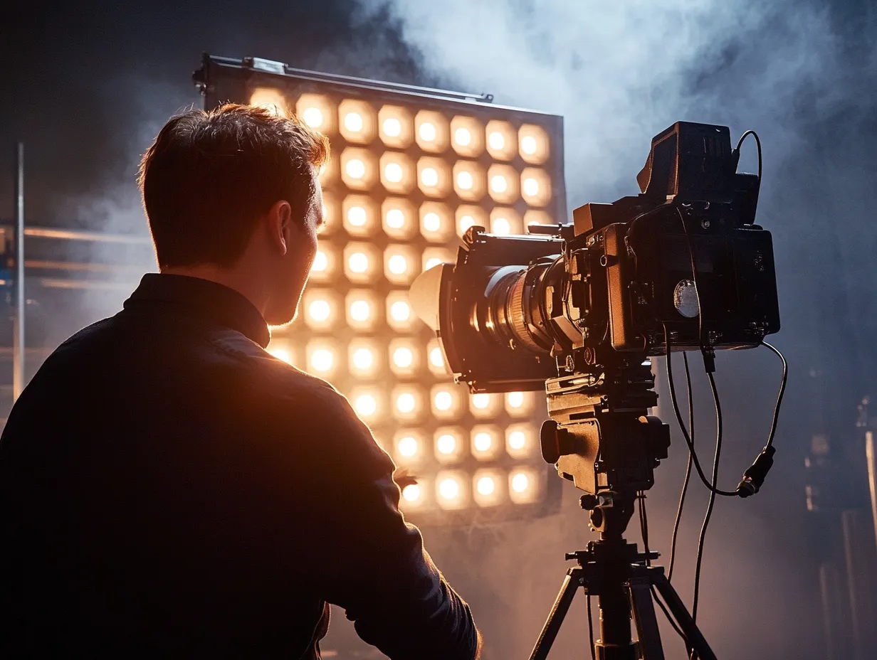 Eine Person steht vor einer professionellen Filmkamera, die auf einem Stativ befestigt ist, während ein großes Lichtpanel mit warmem, intensiven Licht die Szene beleuchtet. Im Hintergrund sorgt aufsteigender Nebel für eine stimmungsvolle, filmische Atmosphäre.