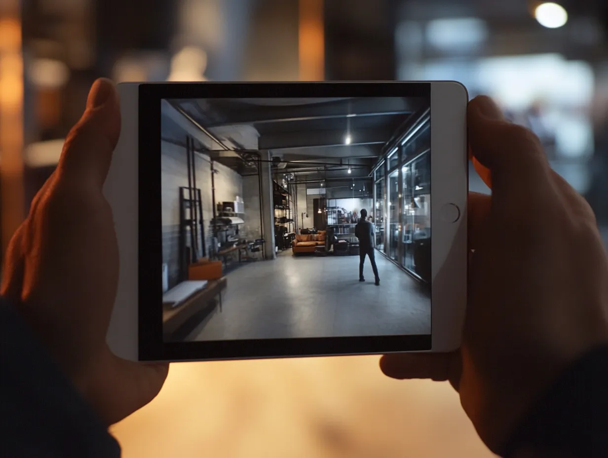 Eine Person hält ein Tablet und sieht sich darauf einen Film an, der einen Raum mit Möbeln zeigt. Im dem Film sieht man eine weitere Person in dem Raum steht, während der Hintergrund durch eine offene Gestaltung und Fenster geprägt ist.