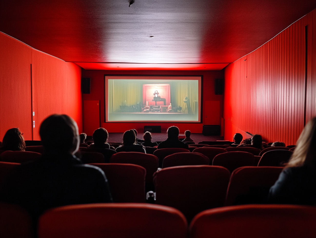 Das Bild zeigt einen Kinosaal mit roten Wänden und Sitzplätzen. Im Hintergrund läuft ein Film auf der Leinwand, und die Zuschauer sitzen und blicken auf die Projektion.