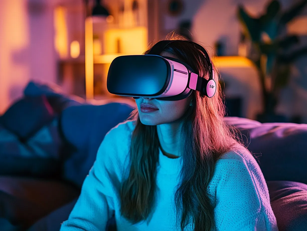 Eine junge Frau trägt eine Virtuelle Brille, während sie auf ihrem Sofa im Wohnzimmer sitzt.