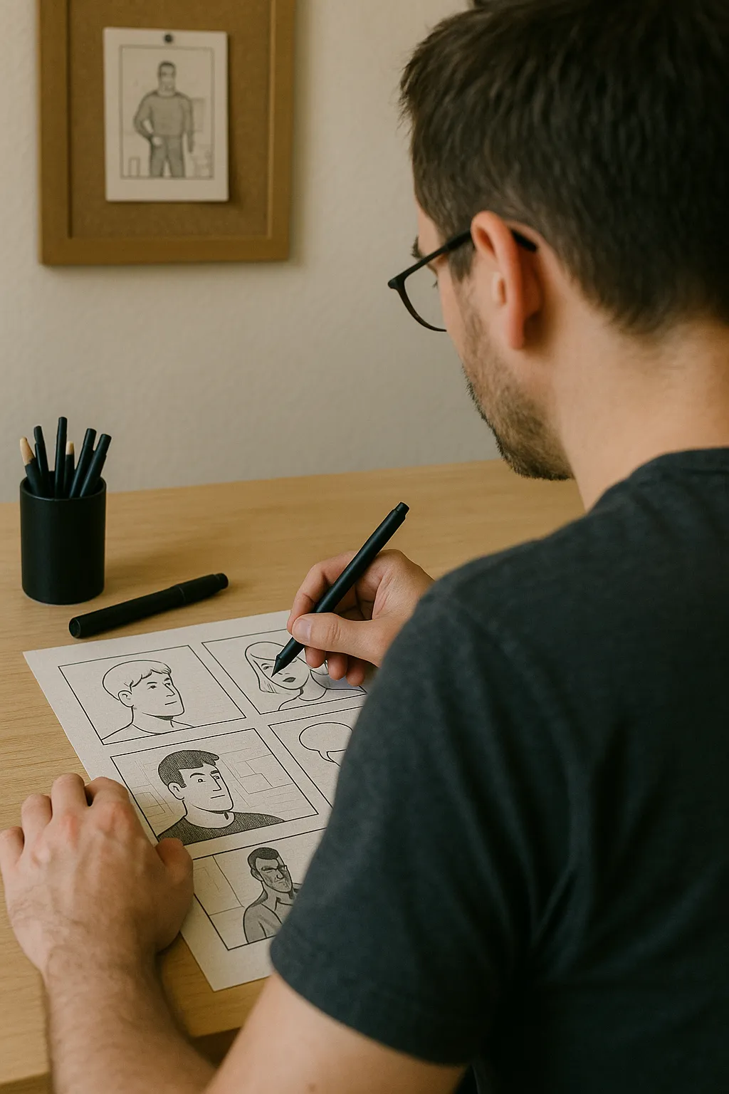 Über-die-Schulter-Aufnahme eines Comiczeichners, der konzentriert an einer schwarz-weißen Comicseite arbeitet – am Schreibtisch mit Stift und Zeichenblatt.