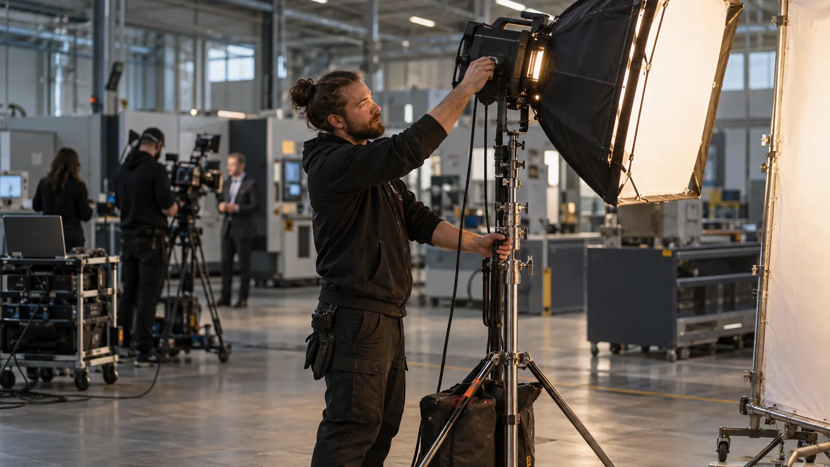 Lighting Technician richtet einen LED-Scheinwerfer bei einer Unternehmensfilmproduktion ein