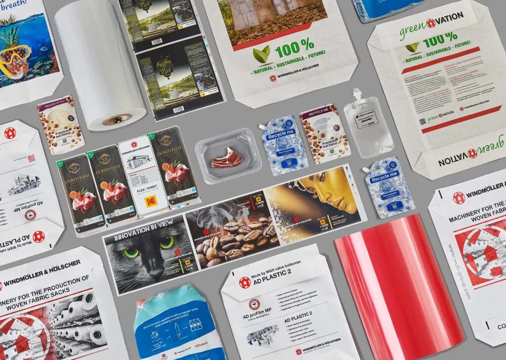 Verschiedene bedruckte Verpackungen und Folien als Anwendungsbeispiele von Windmöller & Hölscher