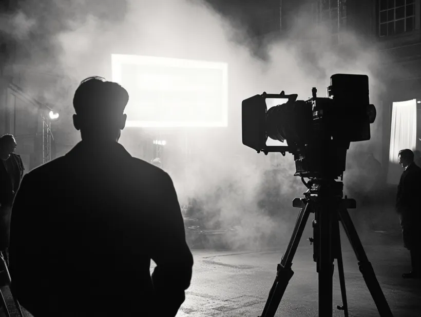 Das Bild zeigt eine Silhouette eines Menschen vor einer großen Filmkamera auf einem Stativ in einem nebligen, atmosphärischen Setting. Im Hintergrund sind Lichtquellen und weitere Personen im diffusen Licht zu erkennen, was eine Filmszene oder Studioaufnahme andeutet.