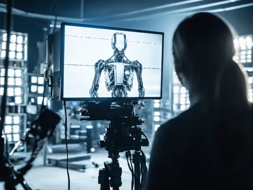 Eine Person steht vor einer Kamera und betrachtet einen Monitor, auf dem ein futuristischer, durchsichtige humanoide Roboter zu sehen ist. Im Hintergrund sind zahlreiche Lichtquellen sichtbar, die eine dramatische Atmosphäre erzeugen.