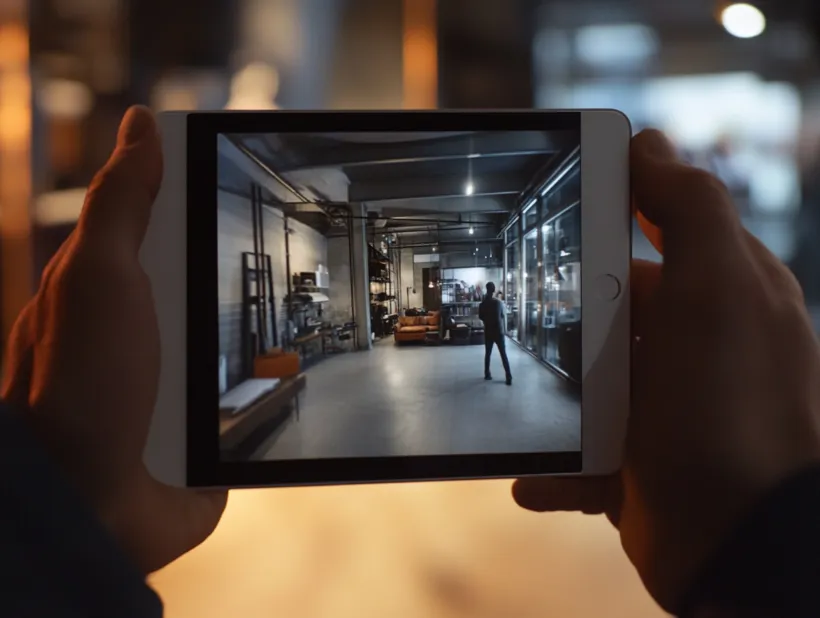 Eine Person hält ein Tablet und sieht sich darauf einen Film an, der einen Raum mit Möbeln zeigt. Im dem Film sieht man eine weitere Person in dem Raum steht, während der Hintergrund durch eine offene Gestaltung und Fenster geprägt ist.