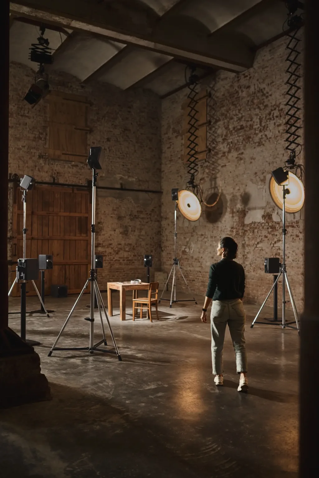 Anwenderin betritt ein Studioset mit Neumann Monitorlautsprechern und räumlicher Audiotechnik