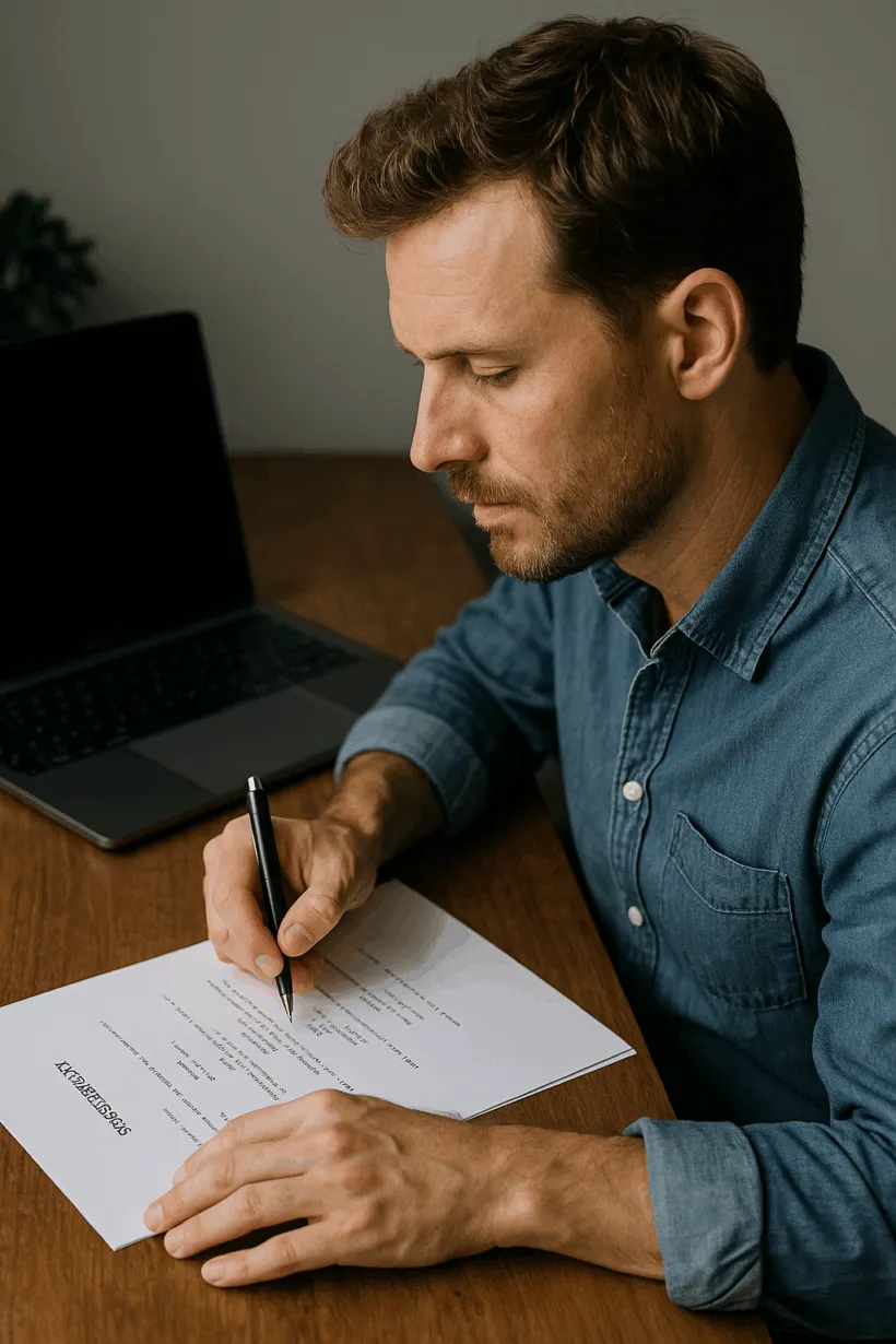 Ein Drehbuchautor schreibt konzentriert an einem Manuskript, mit Stift in der Hand am Schreibtisch sitzend – neben ihm ein Laptop und ein Drehbuchentwurf.
