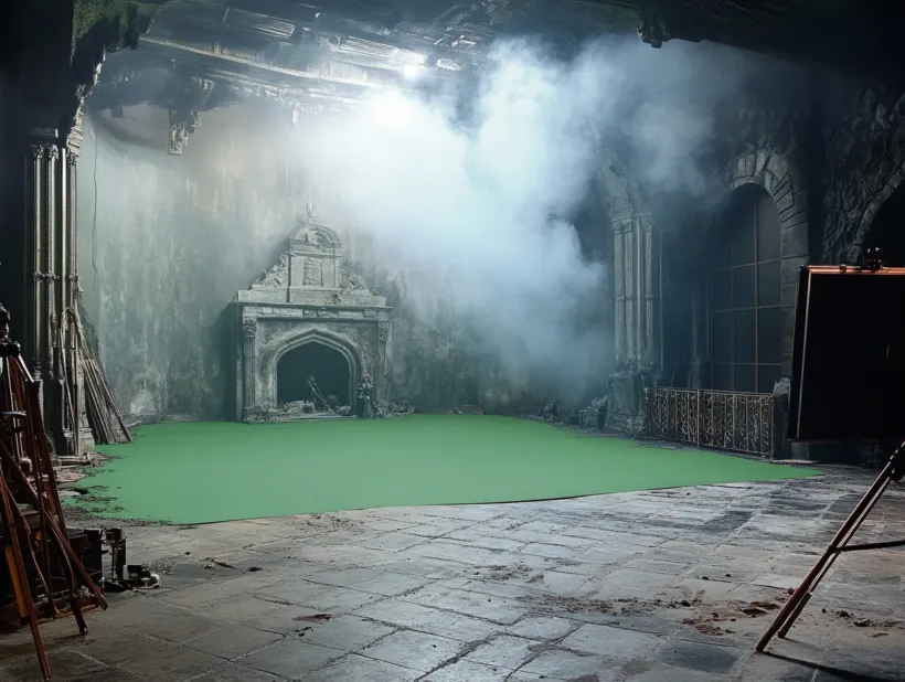 Ein Filmset mit steinernem Kamin, Säulen und einem grünen Bodenbelag. Nebel zieht durch den Raum. Kameratechnik und Requisiten stehen am Rand.