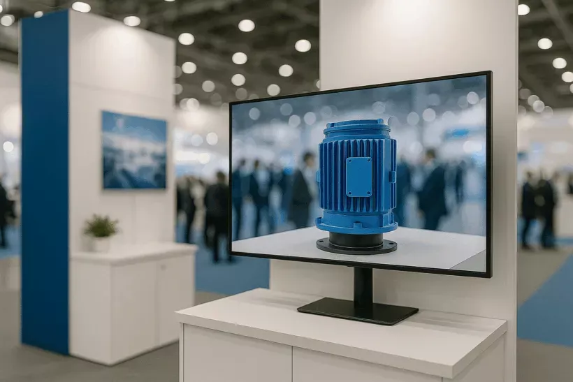 Ein Messestand mit weiß-blauen Wänden zeigt einen großen Bildschirm auf einem Tresen. Auf dem Monitor läuft ein Film, in dem ein blaues technisches Gerät in Nahaufnahme zu sehen ist. Im Hintergrund erkennt man verschwommen viele Menschen auf der Messe.
