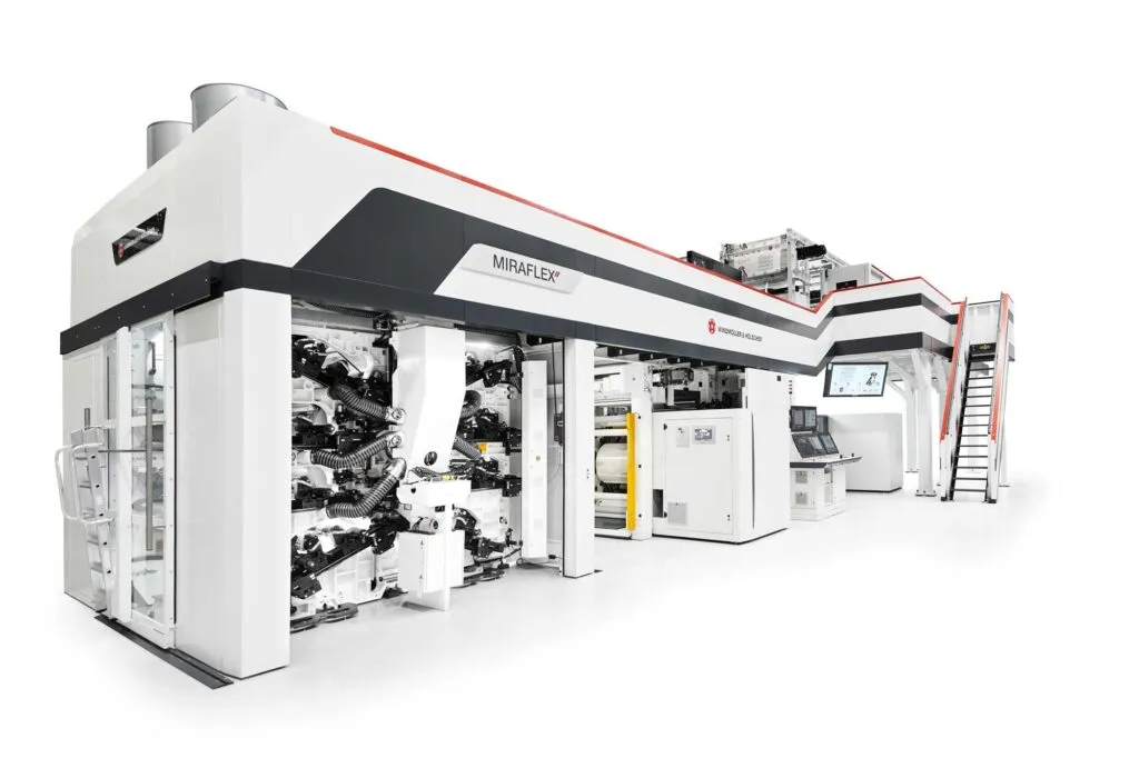 MIRAFLEX-Flexodruckmaschine von Windmöller & Hölscher vor weißem Hintergrund