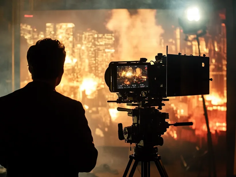Ein Mann steht in einem dunklen Studio vor einer Filmkamera, die auf ein beleuchtetes Szenenbild einer brennenden Stadtlandschaft gerichtet ist. Im Hintergrund sind Lichteffekte und Rauch zu sehen, die eine dramatische Atmosphäre erzeugen.