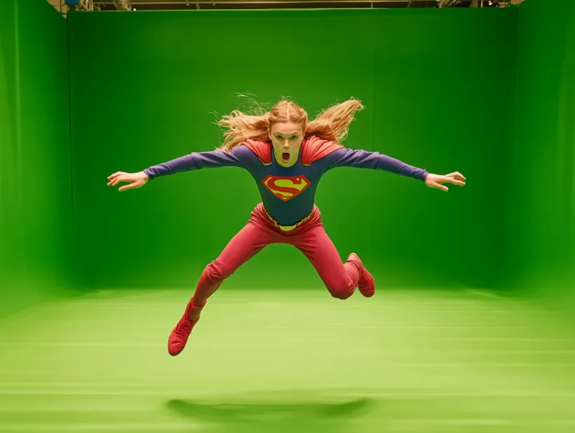 Ein Mädchen in einem Superhelden-Kostüm schwebt vor einem grünen Hintergrund. Der Raum ist vollständig in Grün gehalten, um eine Greenscreen-Aufnahme zu ermöglichen. Sie trägt ein rot-blaues Outfit mit dem 