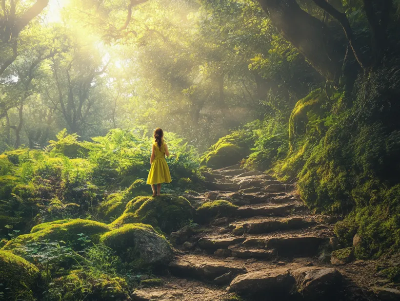 Ein Kind in einem gelben Kleid steht in einem sonnendurchfluteten Wald vor einer moosbewachsenen Steintreppe und blickt staunend in die Ferne.