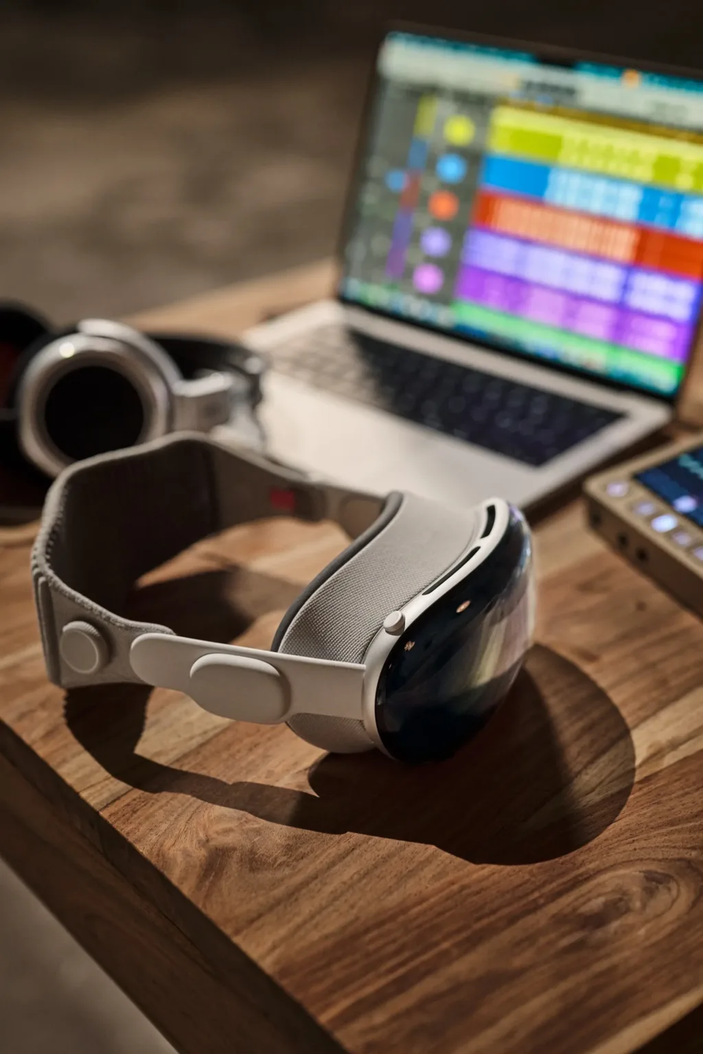 Apple Vision Pro vor Laptop und Neumann Audio-Equipment für räumliche Musikproduktion