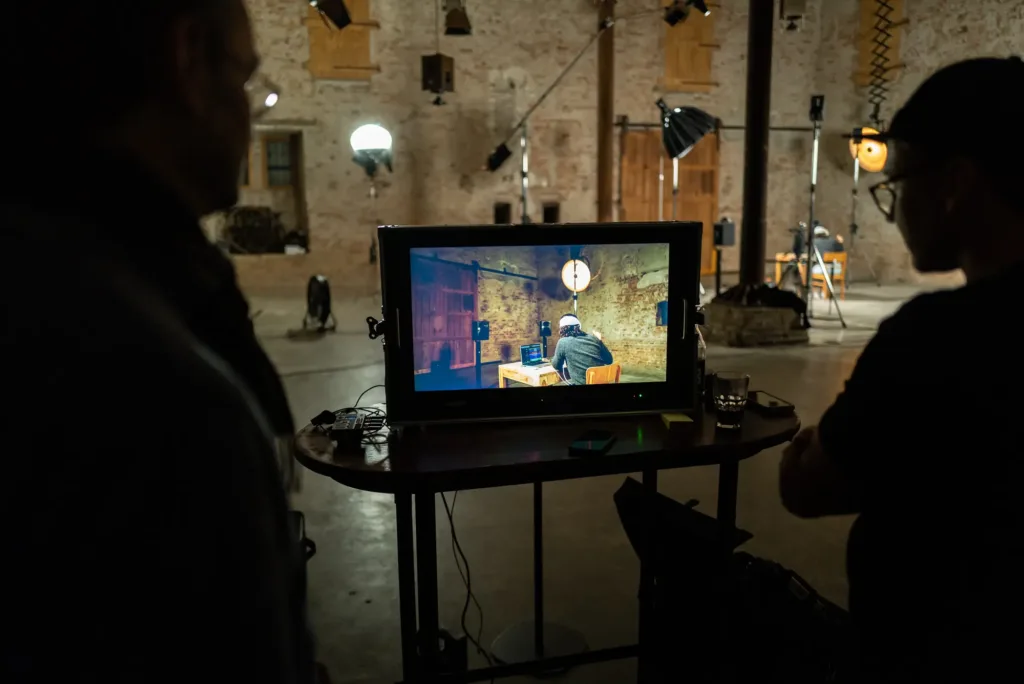 Regiemonitor am Filmset zeigt die Aufnahme mit Apple Vision Pro im Neumann-Studio