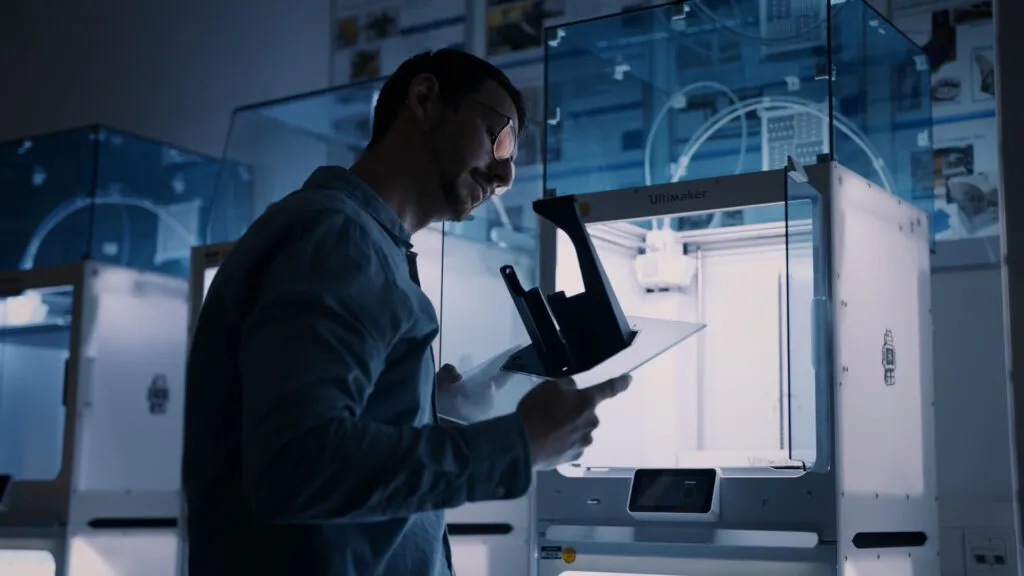 Ein Mitarbeiter in einer Produktionsfirma schaut sich ein Teil aus dem 3D-Drucker an.