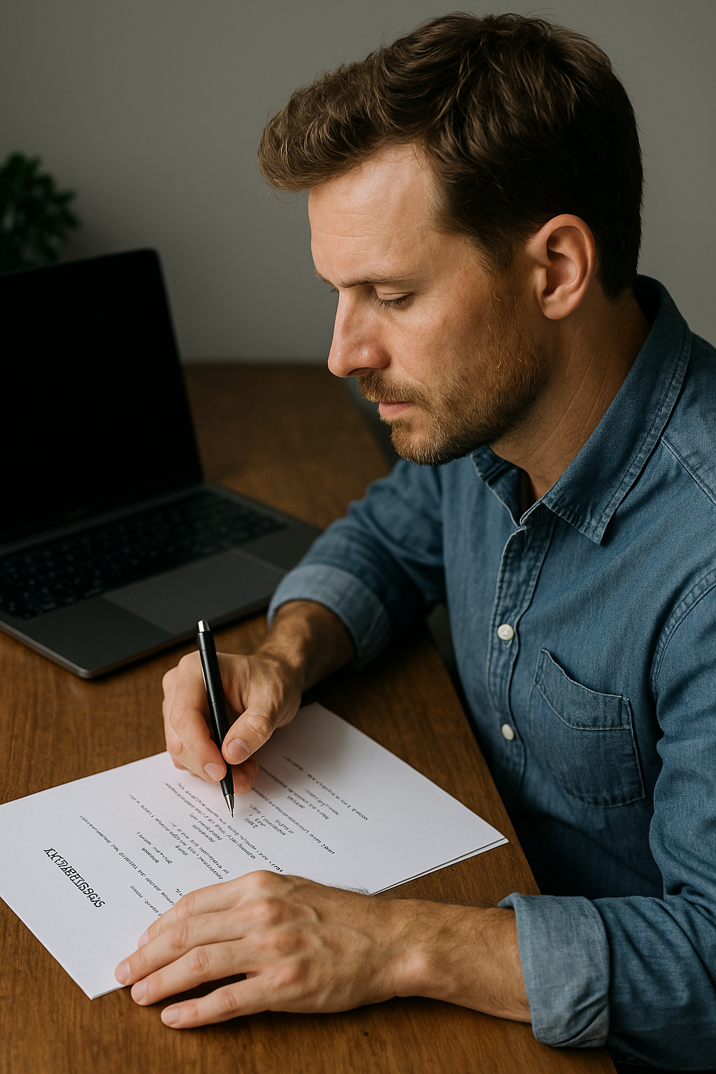 Ein Drehbuchautor schreibt konzentriert an einem Manuskript, mit Stift in der Hand am Schreibtisch sitzend – neben ihm ein Laptop und ein Drehbuchentwurf.