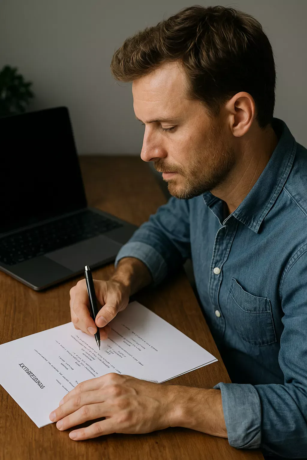 Ein Drehbuchautor schreibt konzentriert an einem Manuskript, mit Stift in der Hand am Schreibtisch sitzend – neben ihm ein Laptop und ein Drehbuchentwurf.