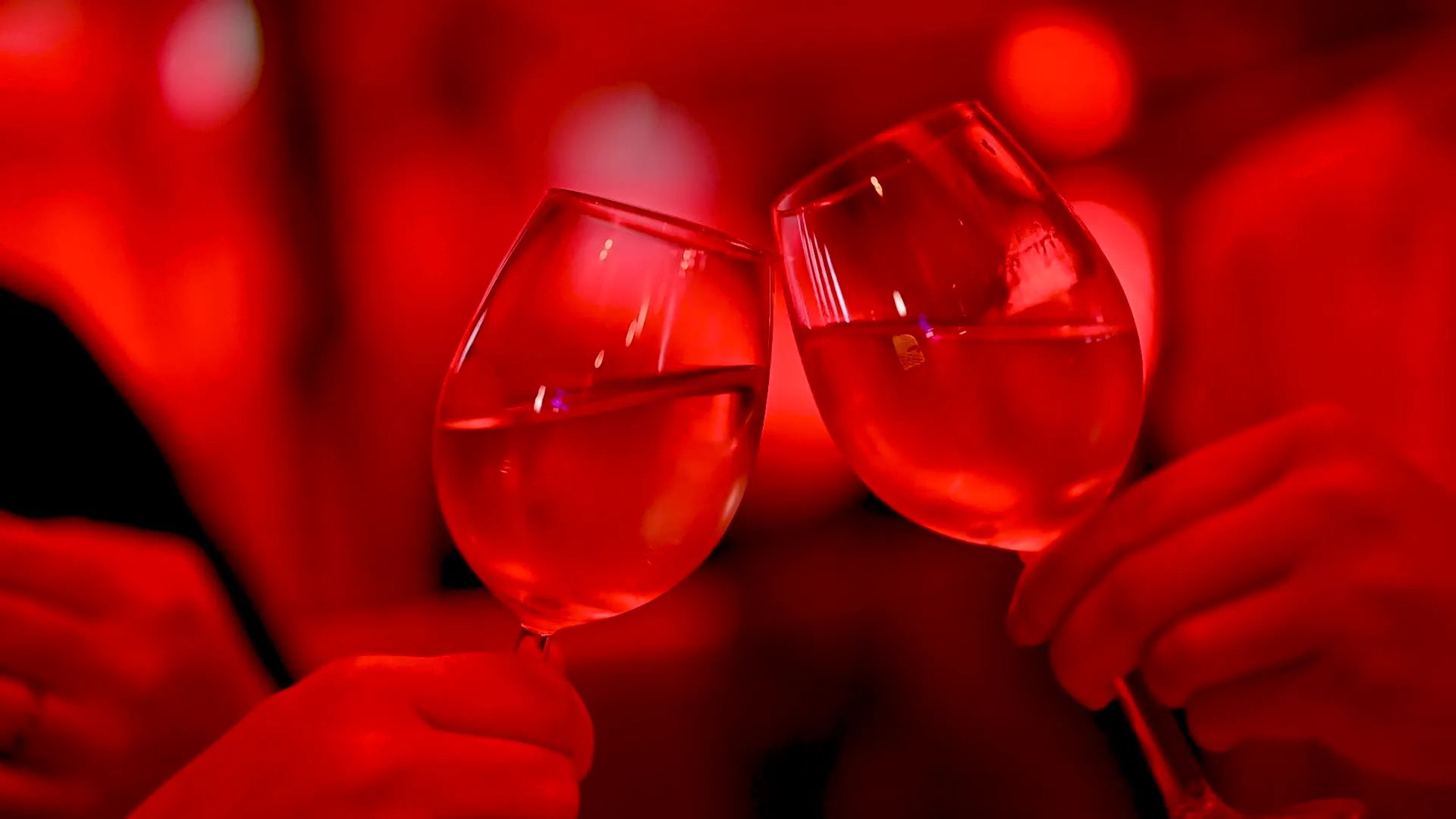 Zwei Personen stoßen mit einem Weinglas an. Wir sehen Gläser und Hände im Closeup.