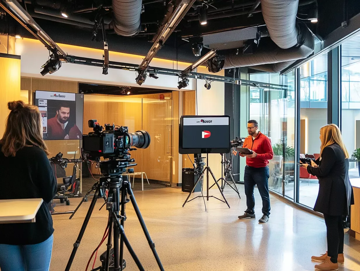 Das Bild zeigt ein modernes Studio, in dem mehrere Personen an einer Videoproduktion arbeiten. Im Vordergrund steht eine Kamera auf einem Stativ, während im Hintergrund Monitore und technische Ausrüstung in einem hell beleuchteten Raum zu sehen sind.