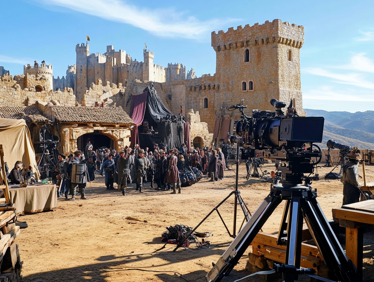 Auf einem Filmset steht eine große Filmkamera vor einer mittelalterlichen Burgkulisse. Zahlreiche Personen in historischen Kostümen bewegen sich über den Platz. Im Hintergrund sind Zelte, Requisiten und Teile des Filmteams zu sehen.