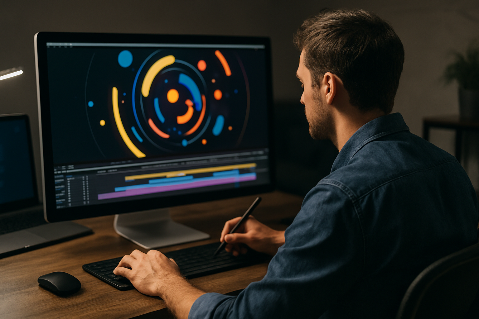 Motion Designer arbeitet am Schreibtisch an einer Animation mit bunten Formen auf dem Bildschirm – professionelles Setup mit Grafiktablett und Software-Timeline.