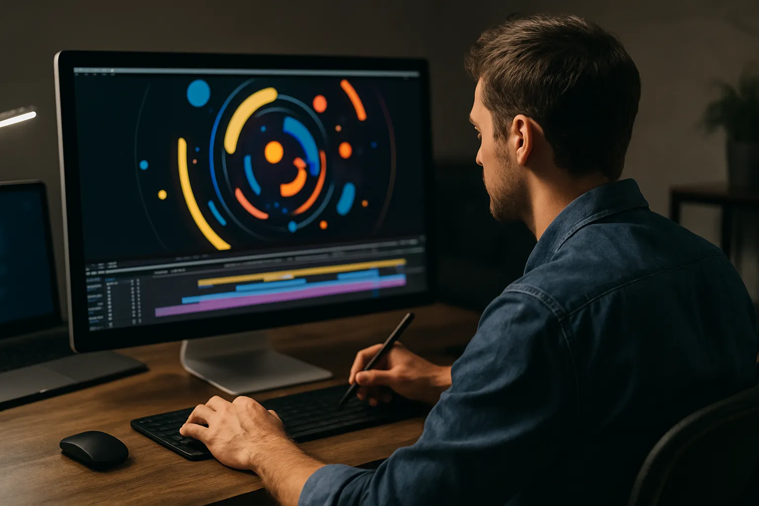 Motion Designer arbeitet am Schreibtisch an einer Animation mit bunten Formen auf dem Bildschirm – professionelles Setup mit Grafiktablett und Software-Timeline.