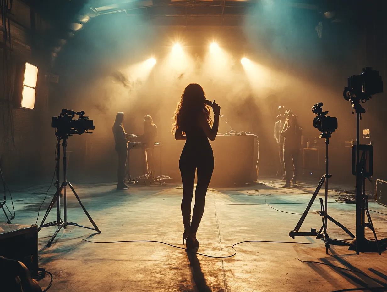 Eine Frau mit Mikrofon steht auf einem Filmset in einem großen, dunklen Raum. Um sie herum sind mehrere Kameras und Scheinwerfer aufgebaut. Im Hintergrund arbeiten vier Personen an Musik- und Filmtechnik, während warmes Bühnenlicht die Szene beleuchtet.