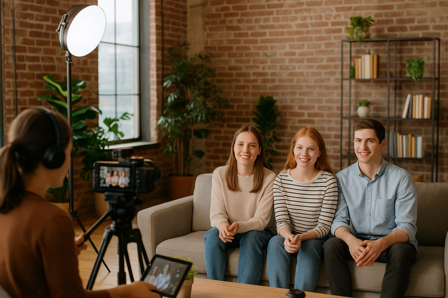Ein junges Team sitzt in einem modernen Büro mit Backsteinwand und wird für einen Recruitingfilm gefilmt; im Vordergrund sind Kamera, Lichtsetup und eine Kamerafrau bei der Arbeit zu sehen.