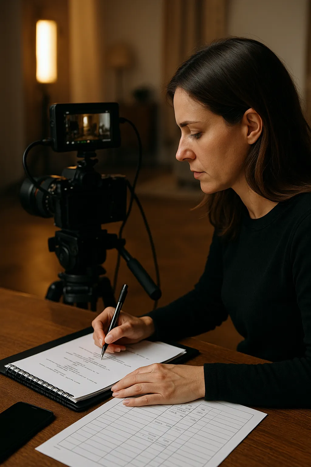 Script Supervisor am Filmset beim Überprüfen des Drehbuchs und Notieren von Szenenangaben, mit Kamera und Technik im Hintergrund.