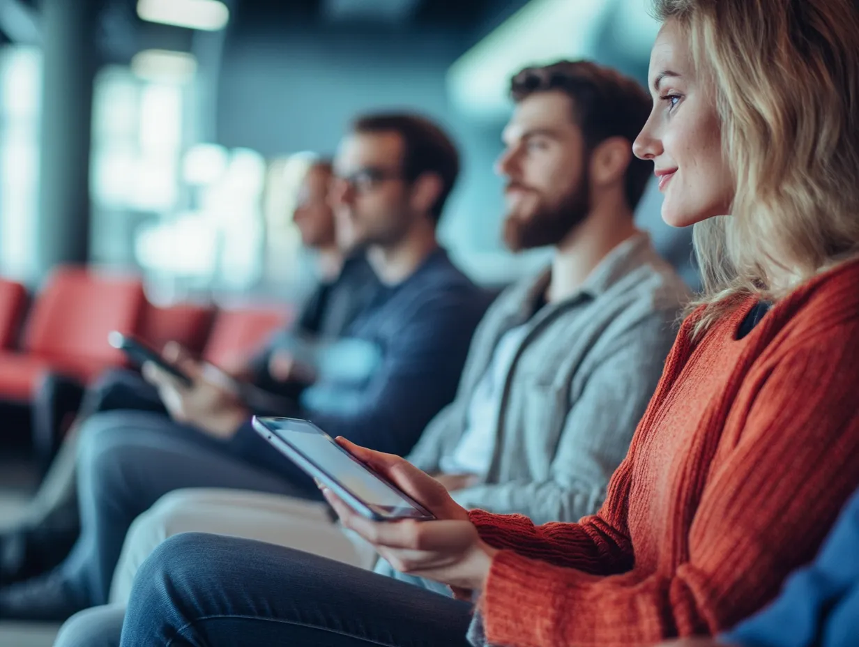 Das Bild zeigt eine Gruppe von Personen, die in einem modernen, lichtdurchfluteten Raum auf Stühlen sitzen. Eine Frau im Vordergrund hält ein Tablet und wirkt aufmerksam, während andere im Hintergrund leicht unscharf abgebildet sind.