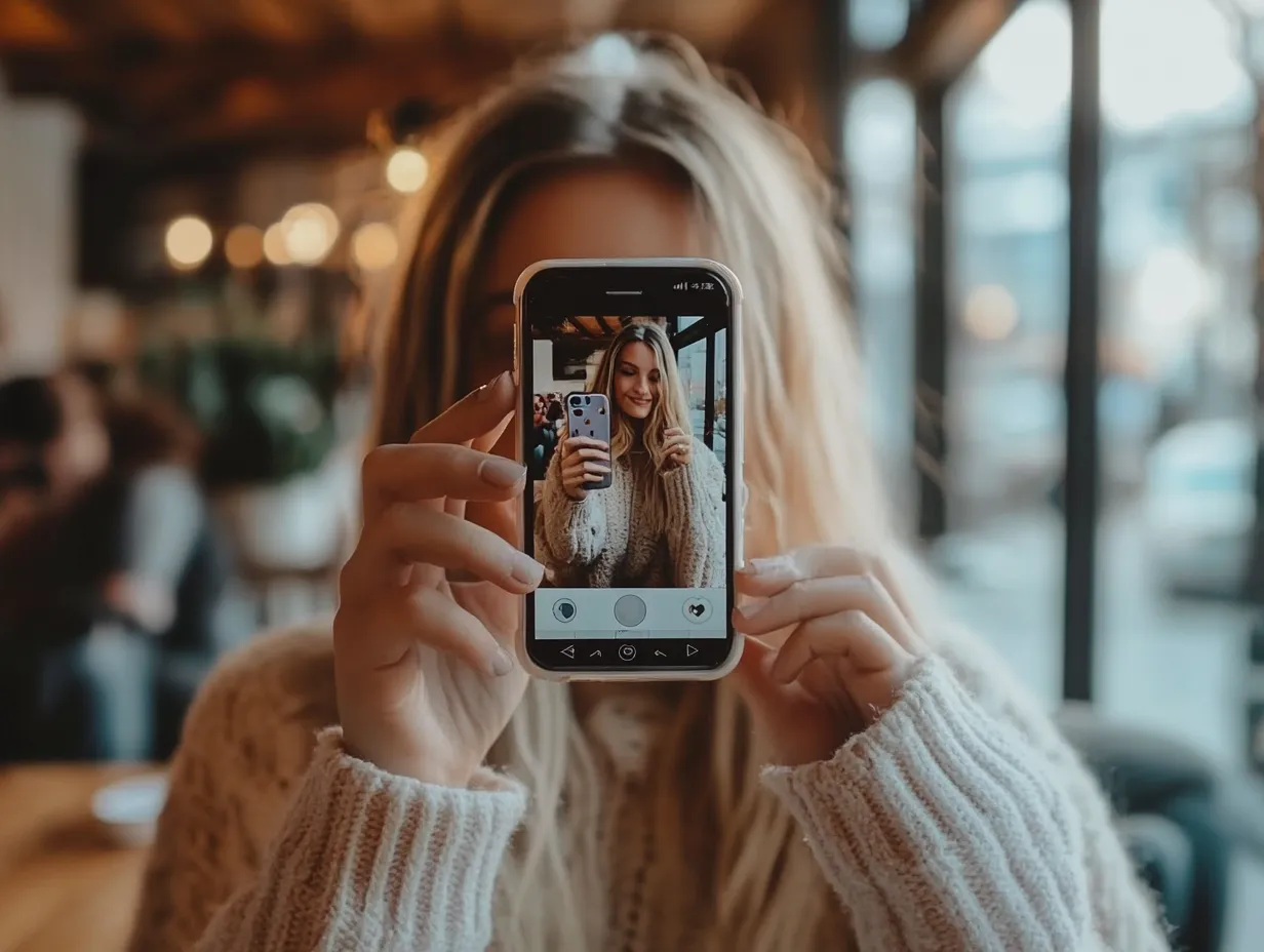 Eine junge Frau hält ein Smartphone vor ihr Gesicht, auf dessen Bildschirm ein Selfie von ihr zu sehen ist. Der Hintergrund zeigt eine helle, gemütliche Umgebung mit warmem Licht und unscharfen Details.