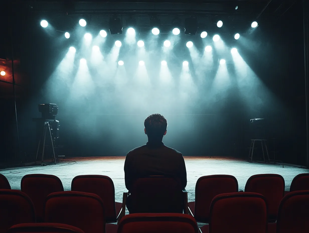Das Bild zeigt einen Juror, der alleine in den leeren Zuschauerreihen eines dunklen Theaters sitzt und konzentriert auf die hell beleuchtete Bühne blickt. Im Hintergrund sind mehrere Scheinwerfer und Bühnenequipment zu sehen, die auf eine bevorstehende oder laufende Bewertung einer Performance hindeuten.