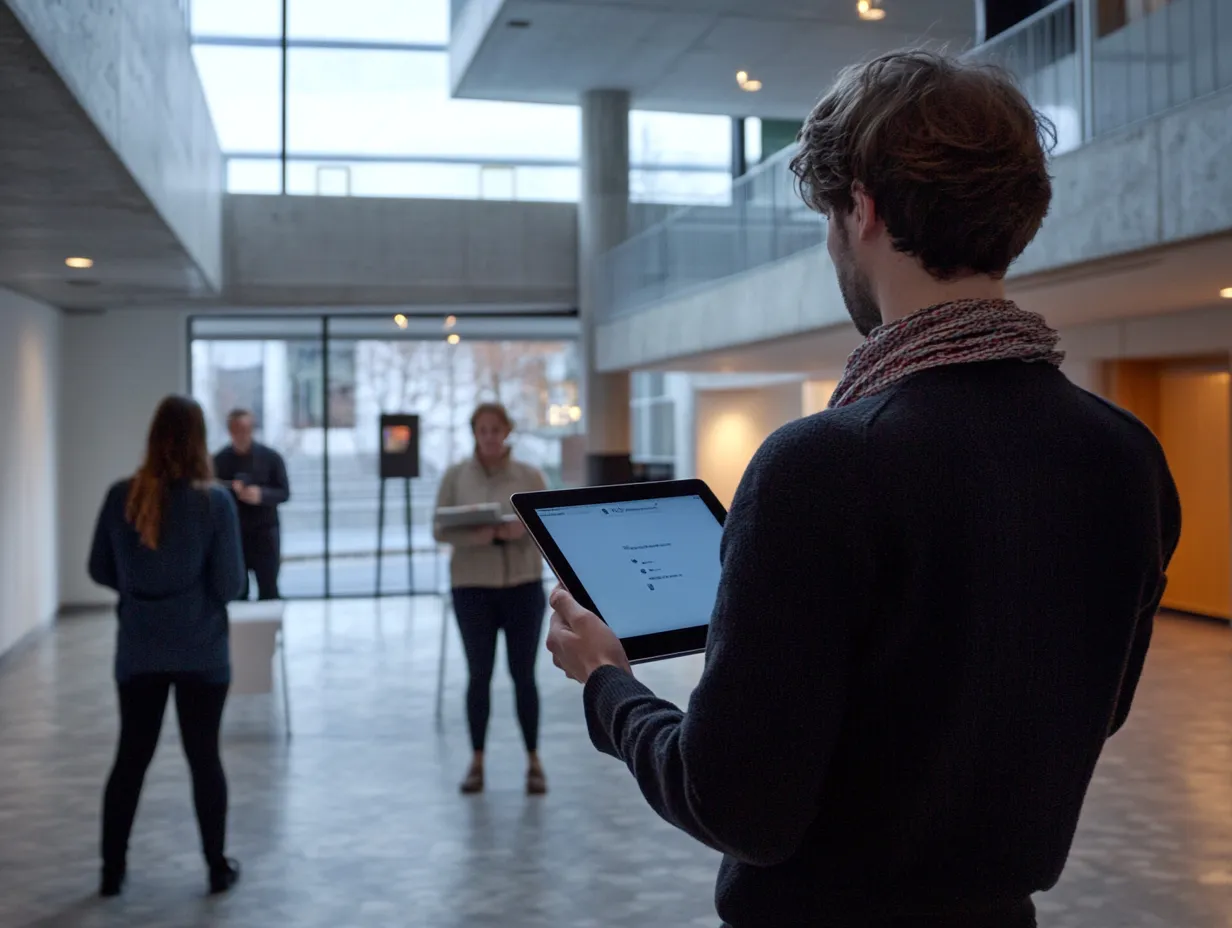 In einem modernen, lichtdurchfluteten Gebäude steht ein Mann im Vordergrund und hält ein Tablet, während im Hintergrund mehrere Personen in einem offenen Bereich verteilt stehen. Große Fenster lassen viel Tageslicht herein und schaffen eine ruhige, professionelle Atmosphäre.