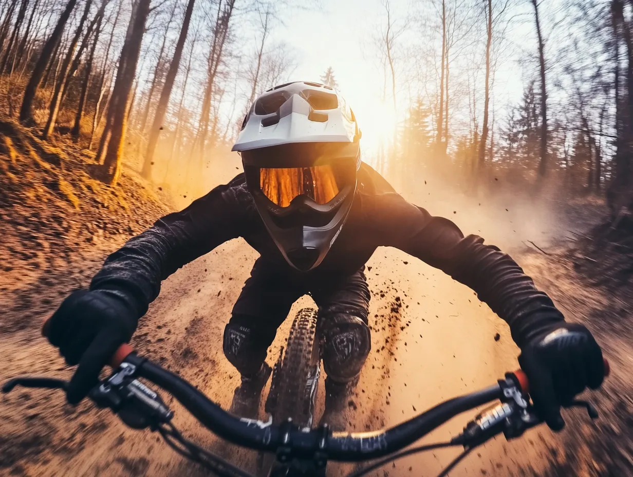 Ein Mountainbiker mit Helm und Schutzausrüstung fährt auf einem staubigen Waldweg. Die tiefstehende Sonne sorgt für eine stimmungsvolle Beleuchtung, während Staub und Erde aufgewirbelt werden.