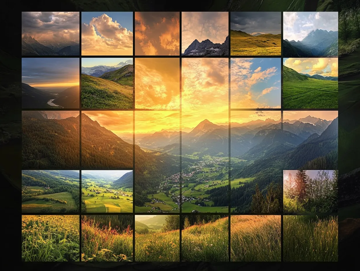 Das Bild zeigt eine Landschaftsszene, unterteilt in mehrere rechteckige Abschnitte. Zu sehen sind Berge, grüne Wiesen und ein Himmel mit unterschiedlichen Licht- und Wetterstimmungen.