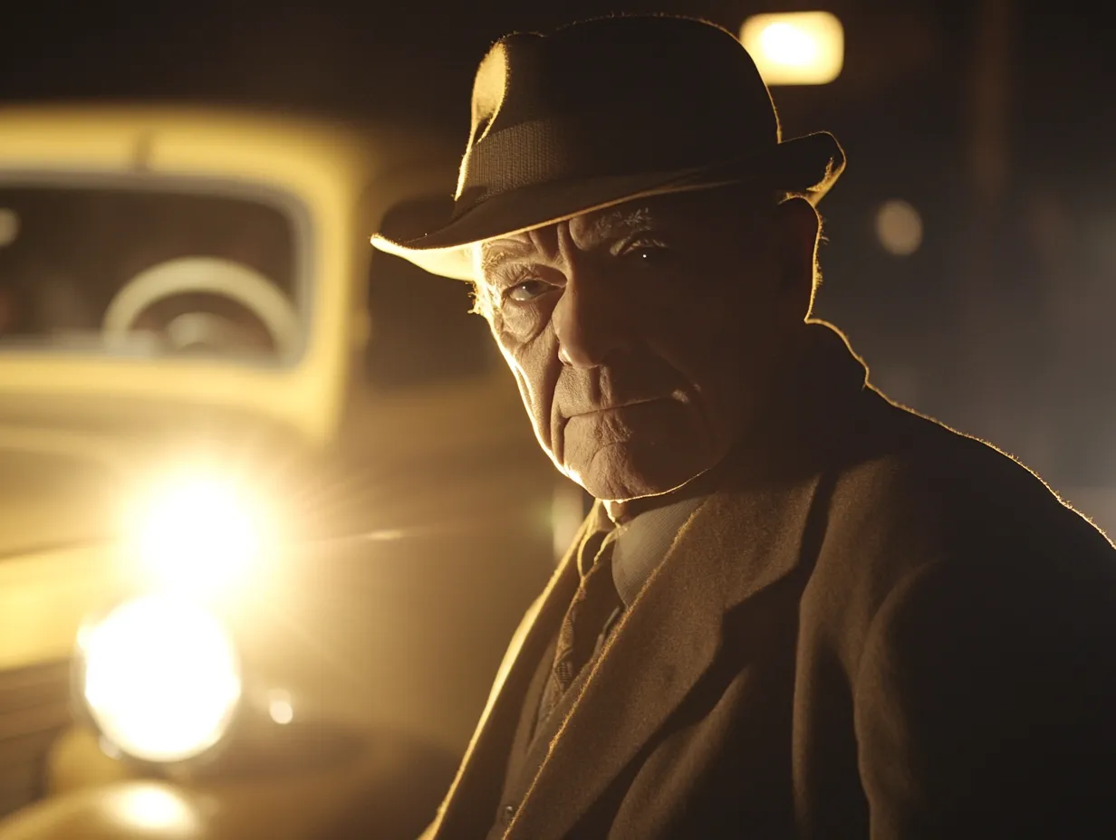 Ein älterer Mann mit Hut und Mantel steht vor einem Autoscheinwerfer, der ihn von hinten beleuchtet und seine Konturen hervorhebt. Sein ernster Blick verleiht der Szene eine dramatische und geheimnisvolle Atmosphäre.