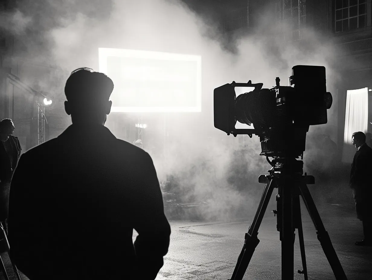 Das Bild zeigt eine Silhouette eines Menschen vor einer großen Filmkamera auf einem Stativ in einem nebligen, atmosphärischen Setting. Im Hintergrund sind Lichtquellen und weitere Personen im diffusen Licht zu erkennen, was eine Filmszene oder Studioaufnahme andeutet.